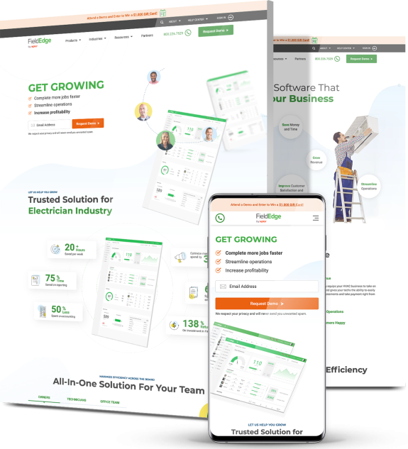 Detailed collage of FieldEdge website sections including the homepage hero, a Trusted Solution for Electrician Industry section with performance statistics, an All-In-One Solution tab layout, and a mobile view of the Get Growing lead capture screen