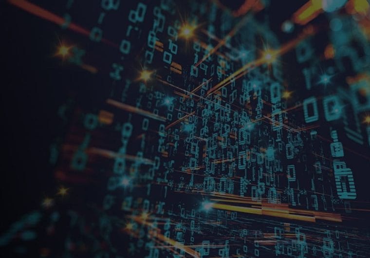 Abstract digital background showing streams of binary code in teal and orange against a dark surface, with light flares suggesting data flow and network connectivity