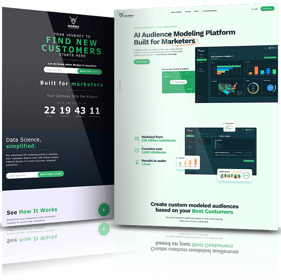 Before and after comparison of the Wodwo website, with the original dark countdown launch page on the left and the redesigned light-themed AI platform homepage on the right