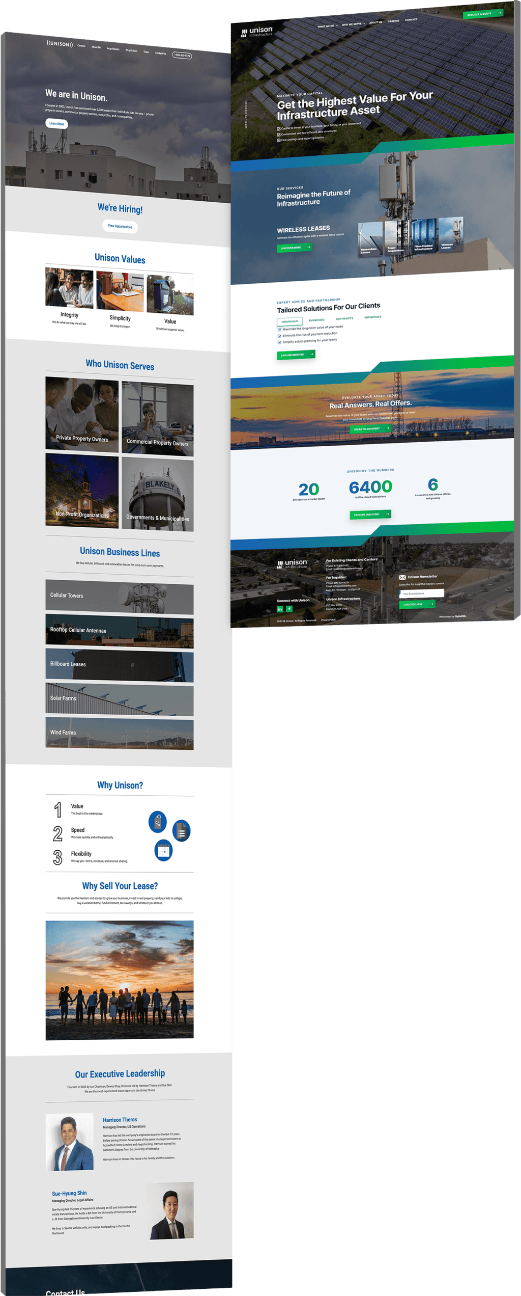 Before and after comparison of the Unison Infrastructure website, from a text-heavy dated layout to a modern, structured homepage with bold headlines and statistics.