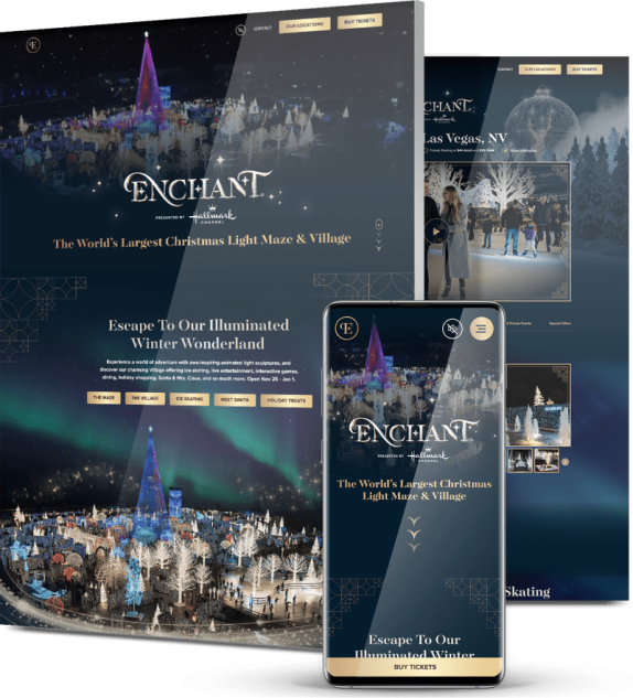 Website design for Enchant Christmas showing desktop and mobile layouts for the world's largest Christmas light maze and village