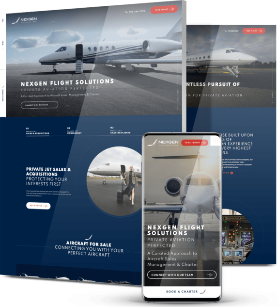 Website design for NexGen Flight Solutions showing desktop and mobile layouts for private aviation services