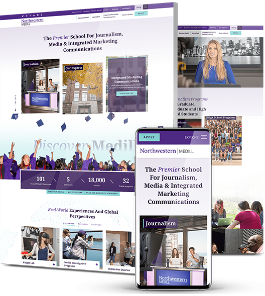 Website design for Northwestern Medill showing desktop and mobile layouts for the journalism and marketing communications school