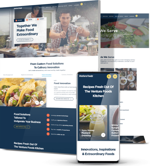 Website design for Ventura Foods showing desktop and mobile layouts featuring food and recipe pages