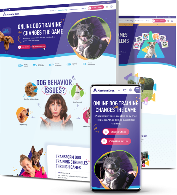 Absolute Dogs website across desktop, shop view and mobile with games-based dog training content, behavior issue graphics and engagement statistics.