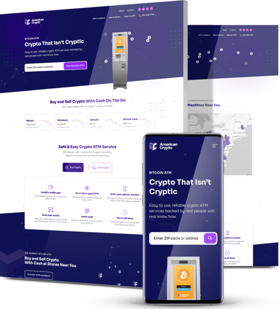 American Crypto website across desktop and mobile with ATM locator search, live cryptocurrency prices, step-by-step how-it-works section and purple-toned branding.