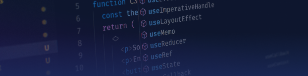 Close-up of a code editor displaying React hooks including useImperativeHandle, useLayoutEffect, useMemo, useReducer, useRef and useState.