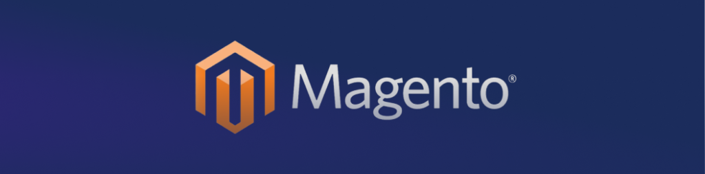 Magento logo with orange icon on a dark navy background.