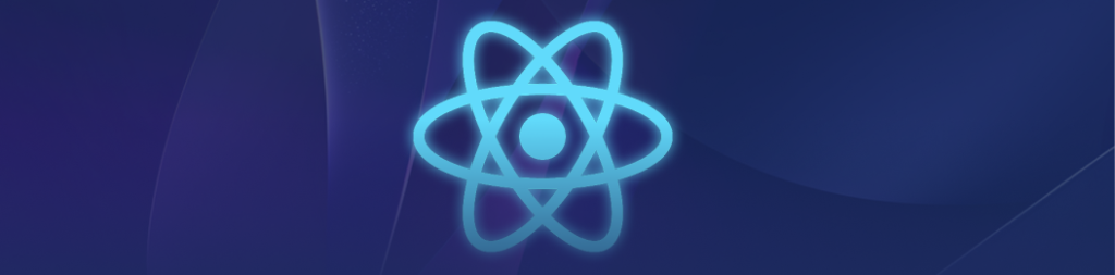 Glowing blue React atom logo on a dark navy background.