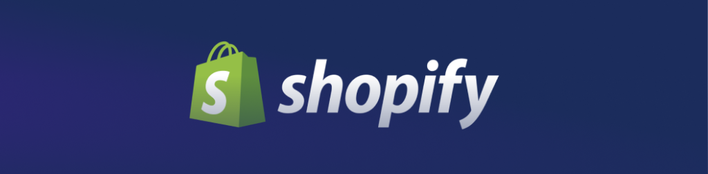 Shopify logo with green shopping bag icon on a dark navy background.