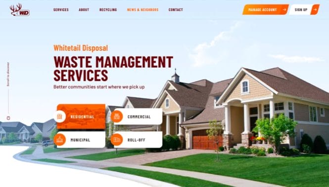 Whitetail Disposal homepage hero section with suburban neighborhood backdrop and service type selectors for residential, commercial, municipal and roll-off pickup.