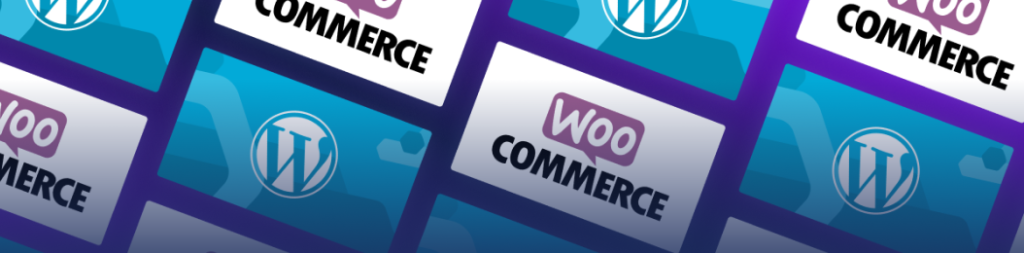 Repeating pattern of WooCommerce and WordPress logos on blue and purple gradient tiles.