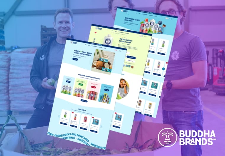 Buddha Brands ecommerce website design mockup with colorful product layouts, responsive pages and modern consumer brand visuals.