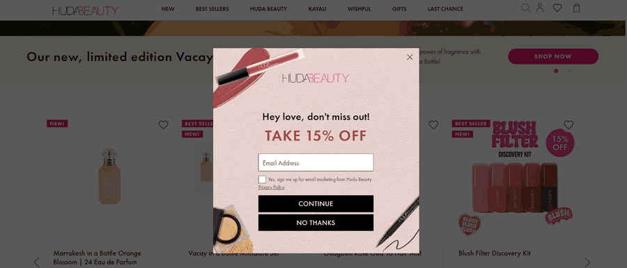 30 Stunning Website Pop-Up Examples From Experts 10 Huda Beauty website screenshot