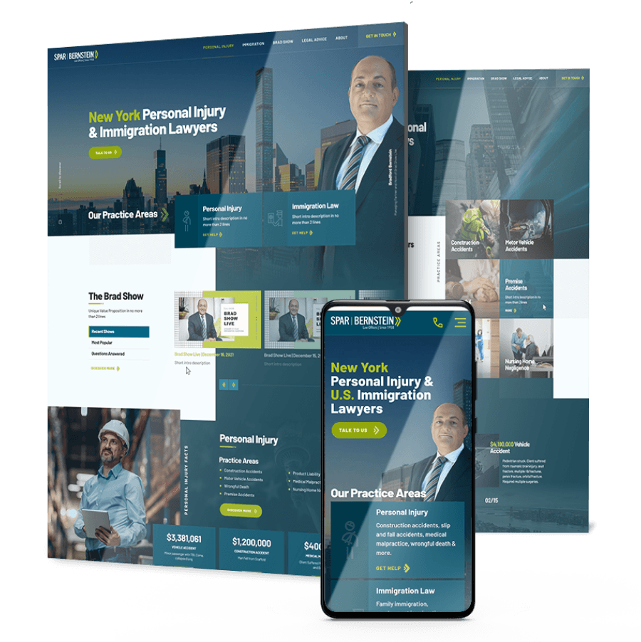 Spar & Bernstein law firm website design displayed across desktop and mobile devices, showcasing personal injury and immigration legal services, attorney profiles, practice areas, and responsive user experiences.