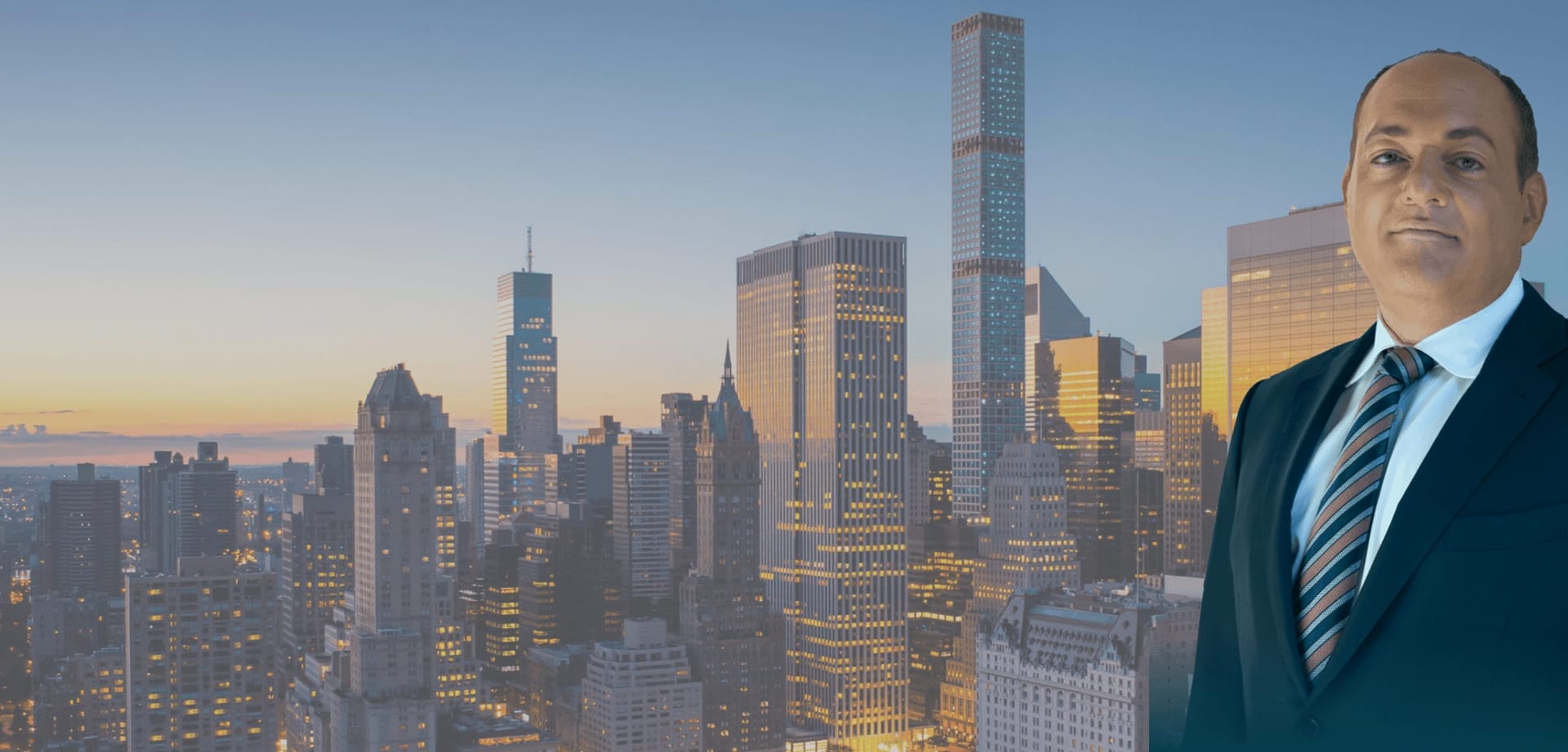 Professional attorney portrait positioned against the New York City skyline at sunset, highlighting a legal services brand with an urban, authoritative backdrop.