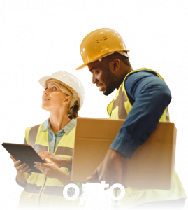 Construction professionals reviewing plans and carrying materials for Opto branding project