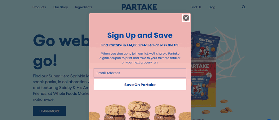 30 Stunning Website Pop-Up Examples From Experts 12 Partake Foods website screenshot