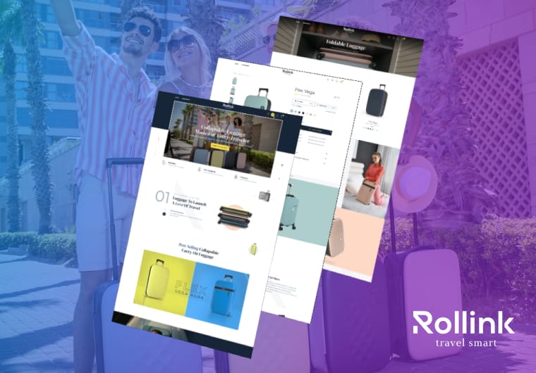 Rollink website design showcase featuring a sleek, modern ecommerce experience optimized for smart travel products and seamless online shopping.