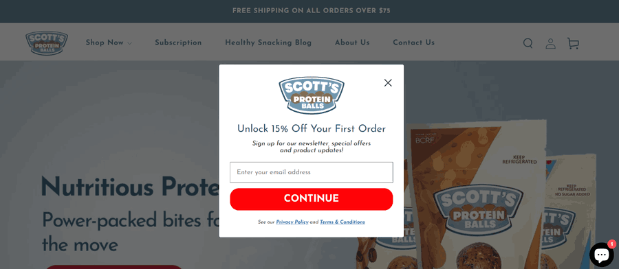 30 Stunning Website Pop-Up Examples From Experts 23 Scott’s Protein Balls website screenshot