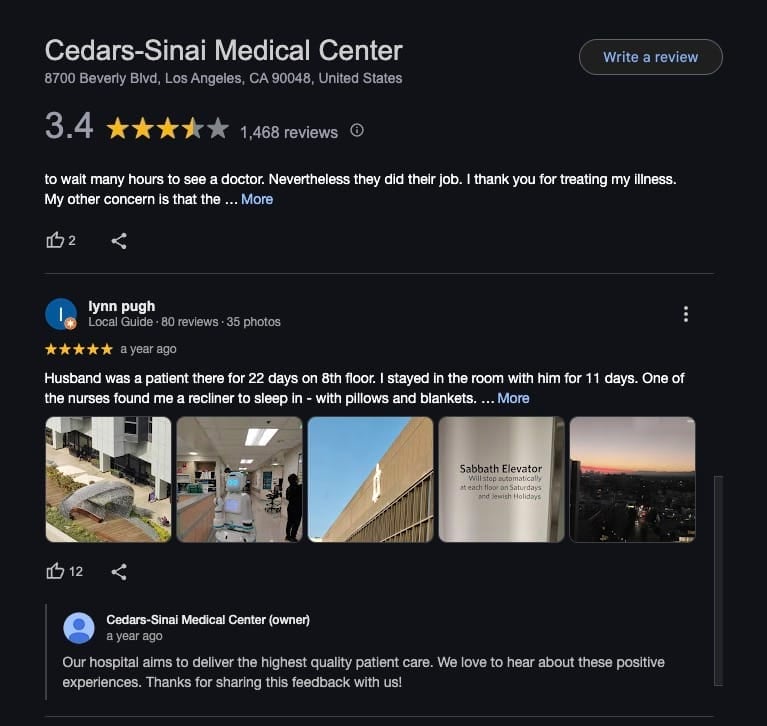 15 Healthcare Marketing Strategies For 2025 ROI 5 Cedars-Sinai Medical Center Google reviews screenshot