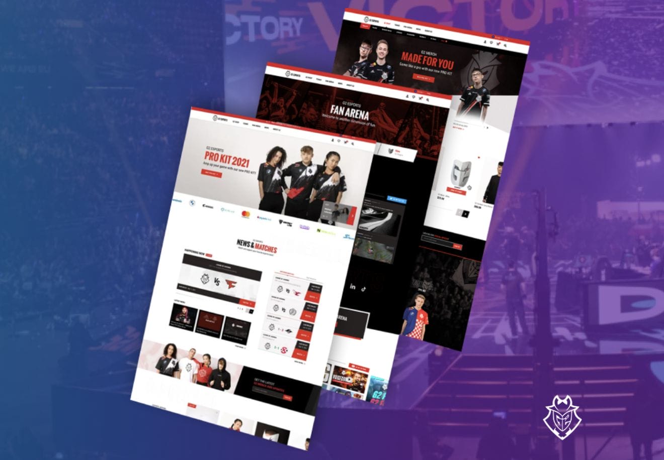G2 Esports website design showcase featuring high-energy gaming visuals