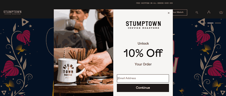 30 Stunning Website Pop-Up Examples From Experts 21 Stumptown Coffee Roasters website screenshot