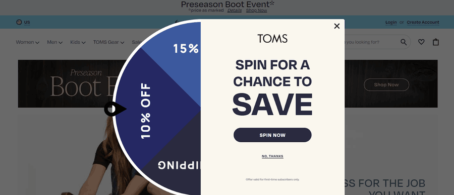 30 Stunning Website Pop-Up Examples From Experts 30 TOMS Shoes website screenshot