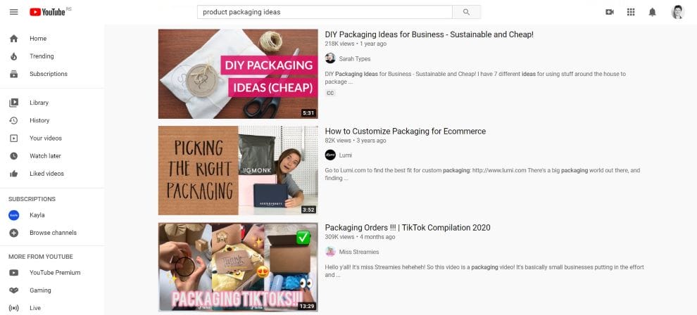 25 Ways To Generate Content Ideas For Higher Rankings On Google 13 YouTube product packaging ideas search result screenshot