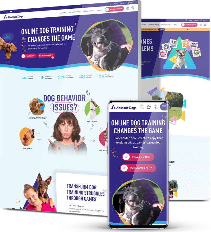 Absolute Dogs website design showcasing responsive online dog training platform and mobile-friendly pet education experience