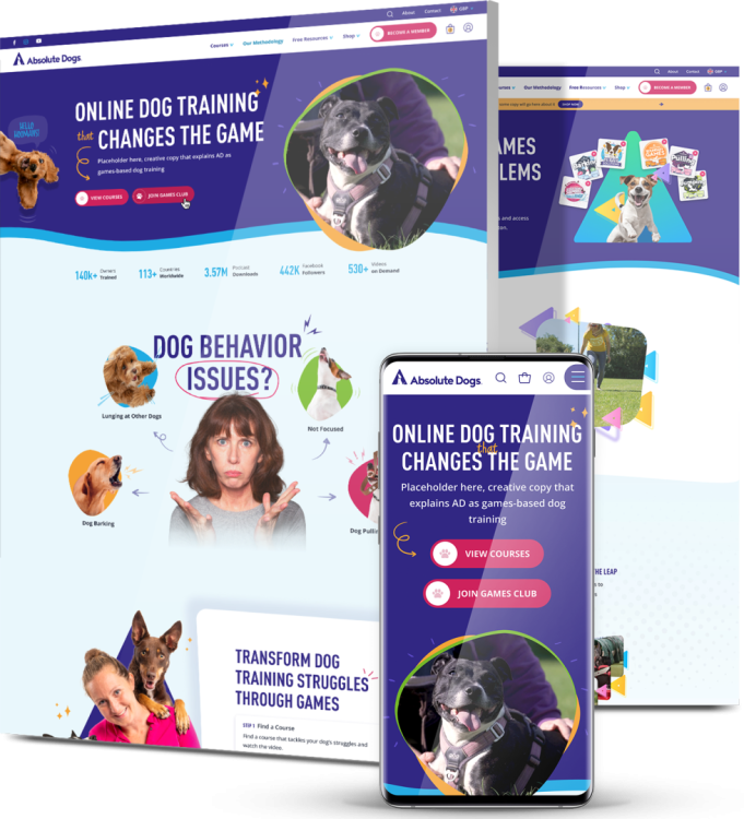 Absolute Dogs website design showcase featuring responsive online dog training platform and engaging pet education experience