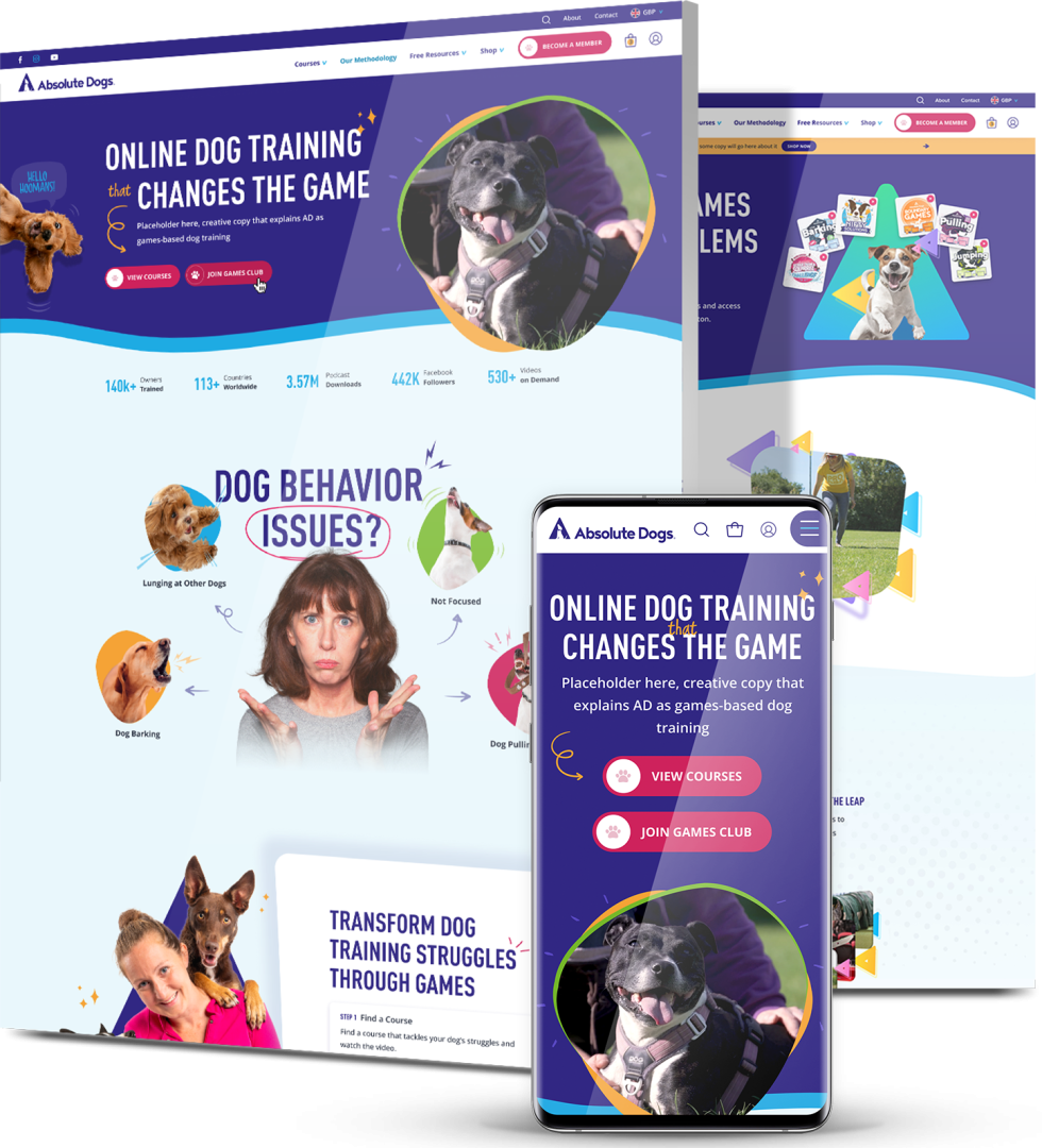 Absolute Dogs website design showcase featuring responsive online dog training platform and engaging pet education experience