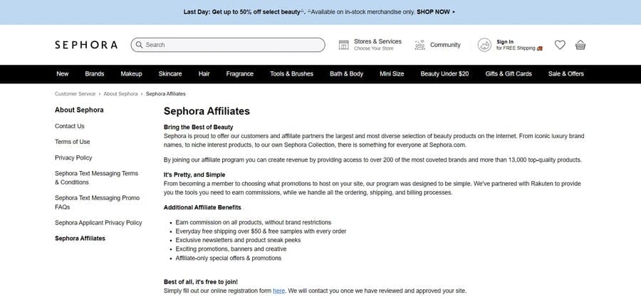 Affiliate Marketing: 11 Secrets To Overcome Competition 1 Sephora website screenshot showing affiliate program