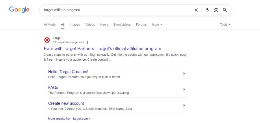 Affiliate Marketing: 11 Secrets To Overcome Competition 5 Google search showing Target's affiliate program