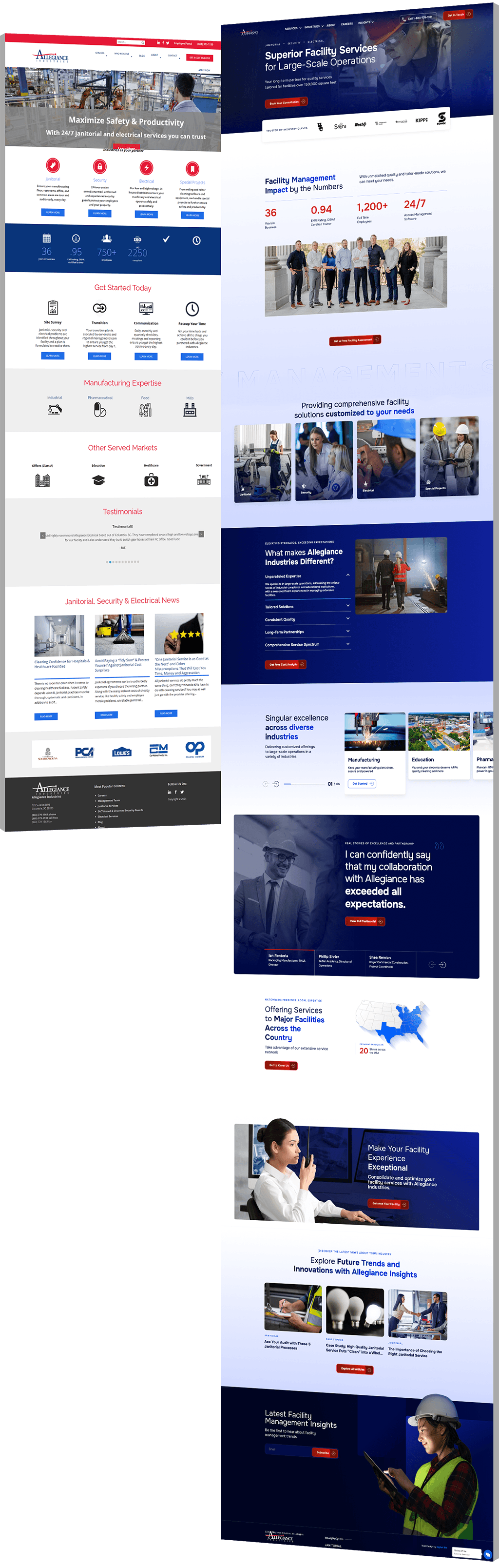 Full-length before and after comparison of the Allegiance Industries website, with the original red-accented multi-section layout on the left and the redesigned navy and white site on the right, featuring a cleaner hero, impact statistics, a differentiation section with client testimonials and a national service coverage map