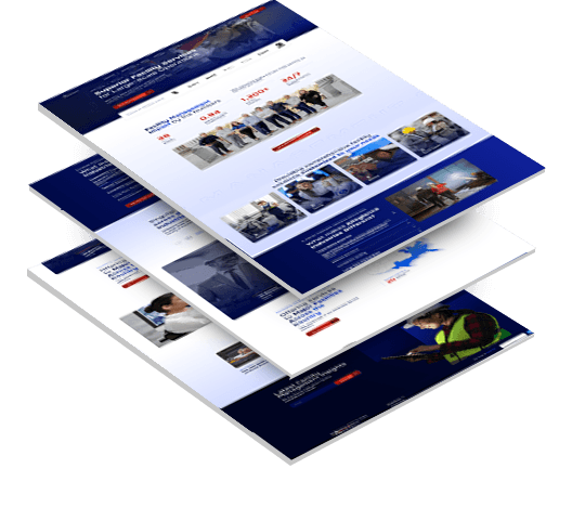Three Allegiance Industries website mockups in a layered stack, showing the homepage hero and statistics section, a comprehensive facility solutions grid and a latest facility management insights blog section