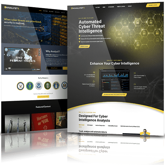 Analyst1 cybersecurity platform website redesign comparison showing modern interface with automated threat intelligence dashboards and dark UI.