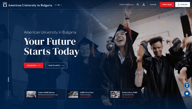 Custom Web Design 50 University homepage with graduates celebrating and headline “Your Future Starts Today”