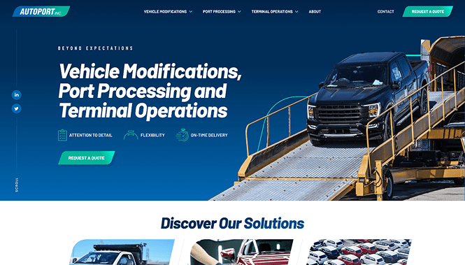 Automotive & Transportation Web Design 24 Vehicle logistics website for AutoPort showcasing port processing, modifications, and terminal operations with modern layout