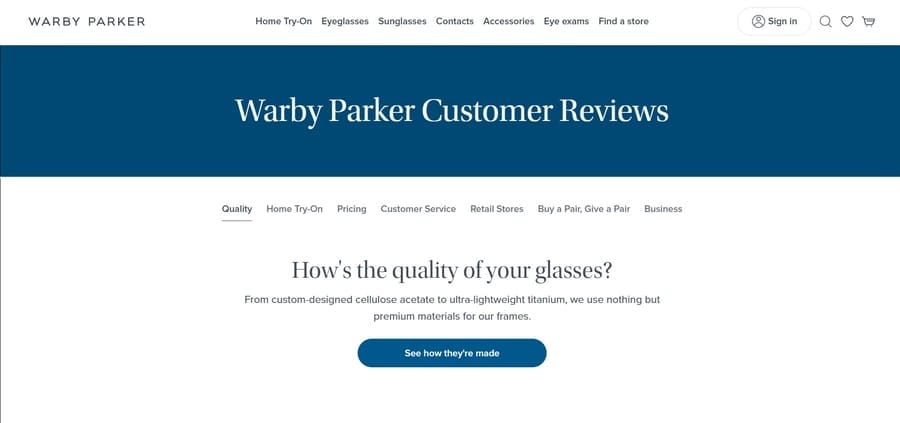 15 B2C eCommerce Best Practices To Increase Sales 6 Warby Parker website screenshot