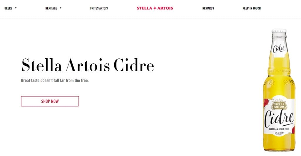 Bad Branding: Real-World Mistakes To Avoid + Strategies For Success 1 A screenshot from Stella Artoise's website showing a bottle of bright yellow Stella Artois Cidre in a glass bottle