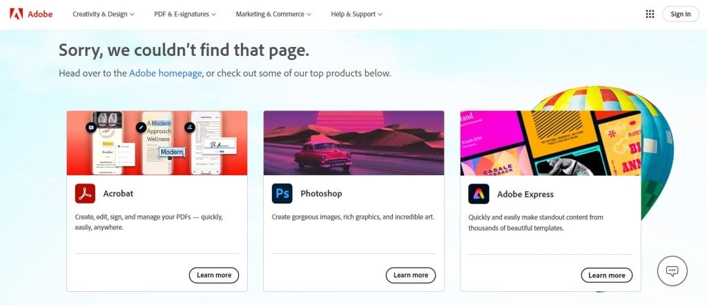 30 Best 404 Pages For 2026 Inspiration 15 A screenshot of Adobe's 404 page