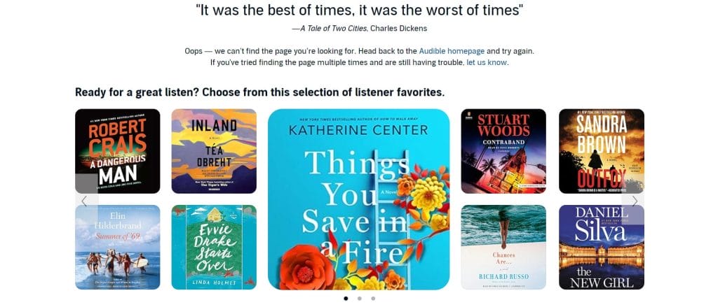 30 Best 404 Pages For 2026 Inspiration 13 A screenshot of Audible's 404 page