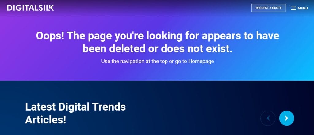 30 Best 404 Pages For 2026 Inspiration 10 A screenshot of Digital Silk's 404 page