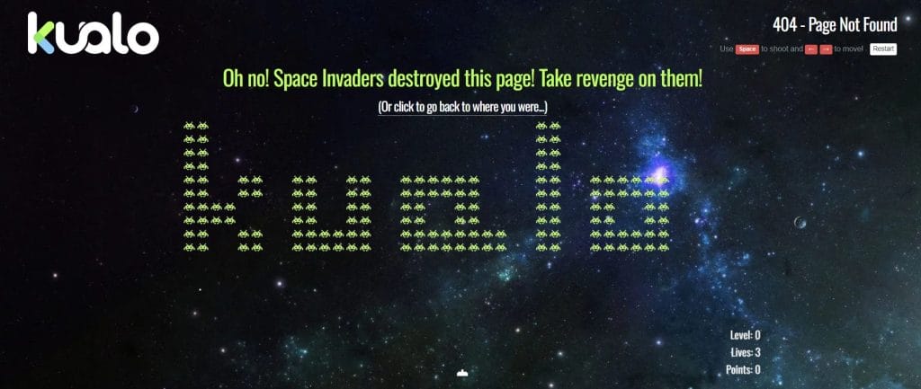 30 Best 404 Pages For 2026 Inspiration 6 A screenshot of Kualo's 404 page