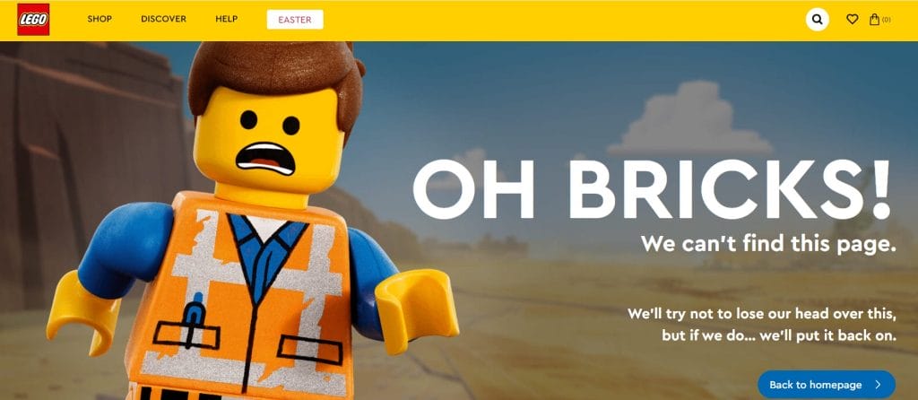 30 Best 404 Pages For 2026 Inspiration 9 A screenshot of LEGO's 404 page