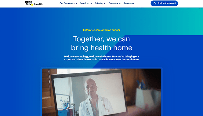 Web Development 16 Best Buy Health homepage showcasing telehealth services with a doctor on a video call and messaging about bringing healthcare home.