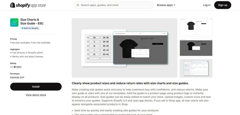 20 Best Shopify Plugins & Apps To Grow Your eCommerce Store 1 Shopify App Store screenshot of Size Charts & Size Guide extension