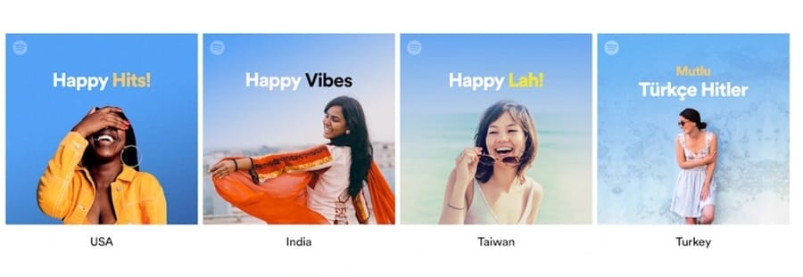 15 Brand Localization Lessons From Global Companies 3 Image showing Spotify's Happy Hits playlists in different regions