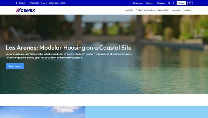 Custom Web Development 21 CEMEX website banner featuring Las Arenas modular housing project on a coastal site with modern construction design